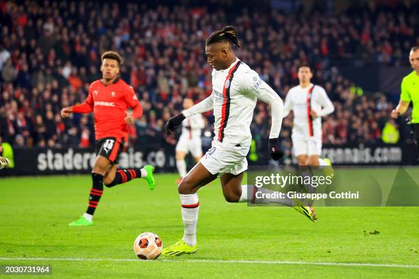 Rafael Leao of AC Milan in action during the UEFA Europa League 2023/24 knockout round play-offs second leg match between Stade Rennais FC and AC...