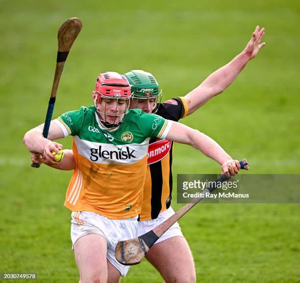 Kilkenny , Ireland - 25 February 2024; Charlie Mitchell of Offaly is tackled by Tommy Walsh of Kilkenny during the Allianz Hurling League Division 1...
