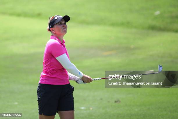 Nanna Koerstz Madsen of Denmark plays her shotduring the first round of the Honda LPGA Thailand at Siam Country Club on February 22, 2024 in Chon...