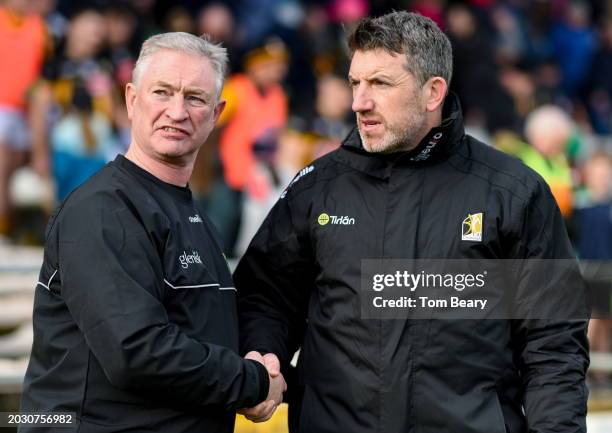 Kilkenny , Ireland - 25 February 2024; Offaly manager Johnny Kelly, left, and Kilkenny manager Derek Lyng after the Allianz Hurling League Division 1...