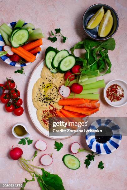 hummus with fresh crispy vegetables - bean dip stock pictures, royalty-free photos & images