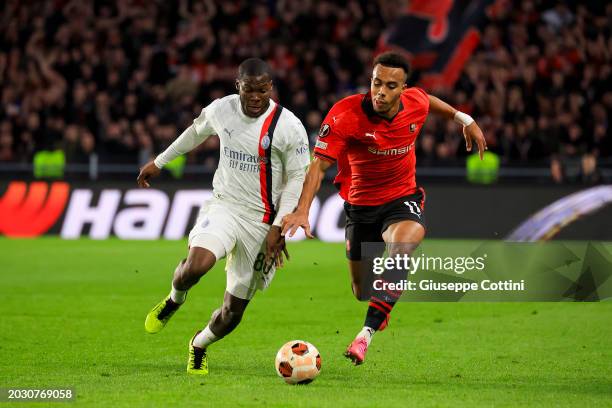Yunus Musah of AC Milan in action during the UEFA Europa League 2023/24 knockout round play-offs second leg match between Stade Rennais FC and AC...