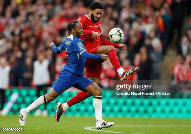 Raheem Sterling of Chelsea and Joe Gomez of Liverpool challenge during the Carabao Cup Final match between Chelsea and Liverpool at Wembley Stadium...
