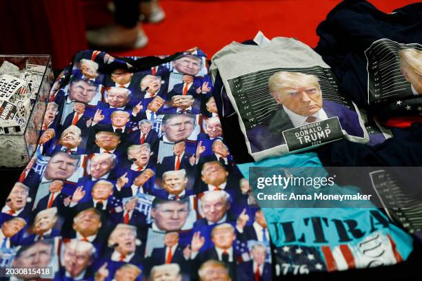 Merchandise with the face of Republican presidential candidate and former U.S. President Donald Trump is sold in the expo hall the Conservative...