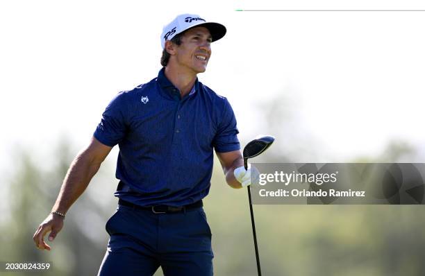 Thorbjorn Olesen of Denmark reacts to his shot from the 16th tee during the first round of the Mexico Open at Vidanta at Vidanta Vallarta on February...