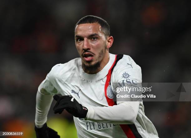 Ismael Bennacer of AC Milan in action during the UEFA Europa League 2023/24 playoff second leg match between Stade Rennais FC and AC Milan at Roazhon...