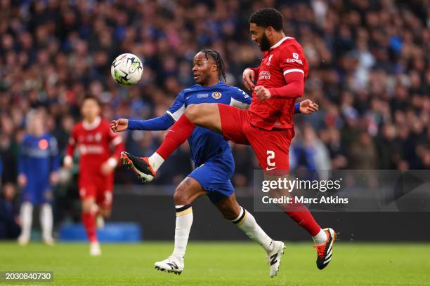 Liverpool's Joe Gomez in action with Chelsea's Raheem Sterling during the Carabao Cup Final match between Chelsea and Liverpool at Wembley Stadium on...