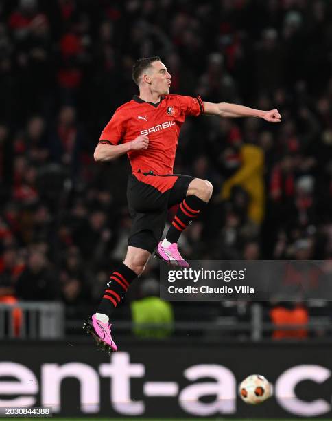 Benjamin Bourigeaud of Stade Rennais celebrates after scoring the goal during the UEFA Europa League 2023/24 playoff second leg match between Stade...