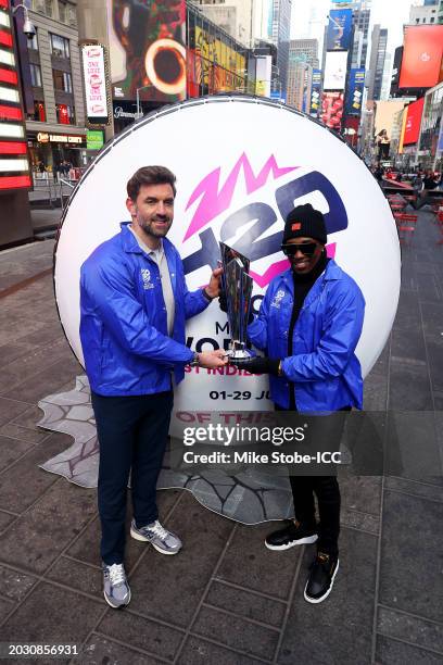 Liam Plunkett and Dwayne Bravo pose for pictures during a media day to mark 100 days to go until the ICC Men's T20 World Cup 2024 hosted in the West...