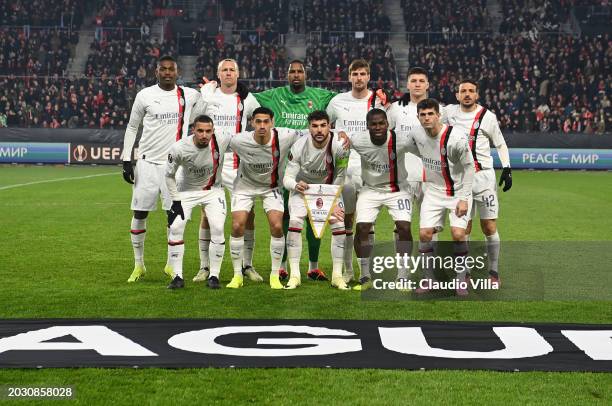 Players of AC Milan line up prior to the UEFA Europa League 2023/24 playoff second leg match between Stade Rennais FC and AC Milan at Roazhon Park on...