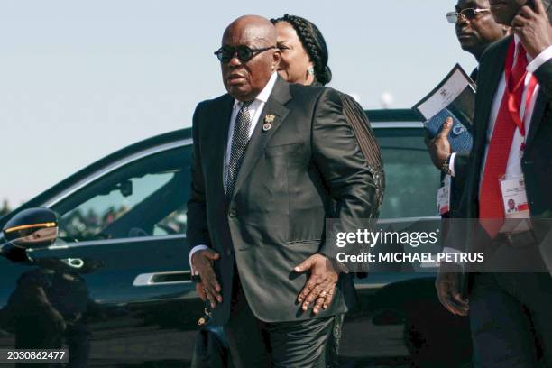 President of Ghana Nana Akufo-Addo arrives at Heroes Acre, south of Windhoek, Namibia, on February 25, 2024 during the funeral for the late Namibian...