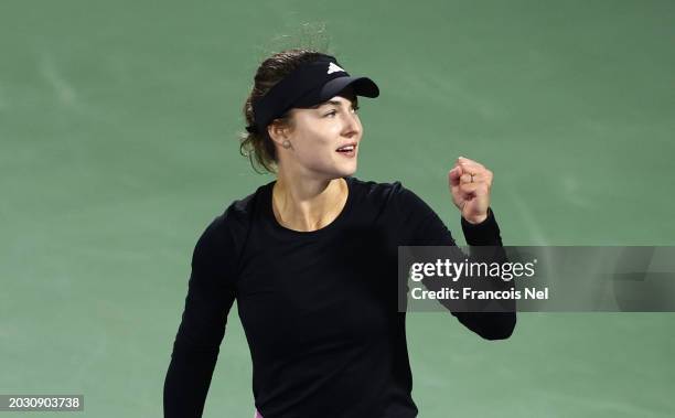 Anna Kalinskaya celebrates victory against Coco Gauff of USA in their Women's Quarter Final match during the Dubai Duty Free Tennis Championships,...