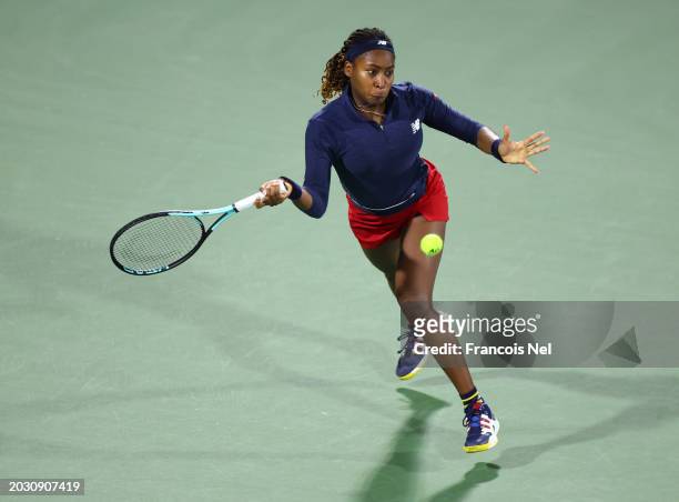 Coco Gauff of USA plays a forehand against Anna Kalinskaya in their Women's Quarter Final match during the Dubai Duty Free Tennis Championships, part...