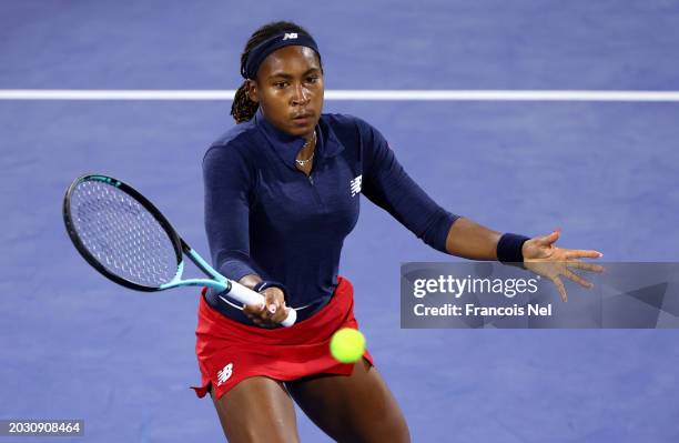 Coco Gauff of USA plays a forehand against Anna Kalinskaya in their Women's Quarter Final match during the Dubai Duty Free Tennis Championships, part...