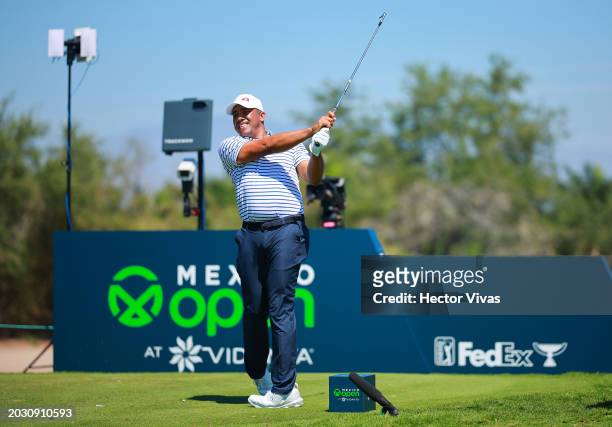 Jhonattan Vegas of Venezuela plays his shot from the 13th tee during the first round of the Mexico Open at Vidanta at Vidanta Vallarta on February...