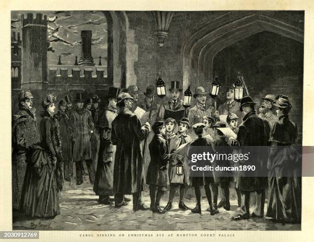 carol singing on christmas eve at hampton court palace, victorian 1880s 19th century - carol singer stock illustrations