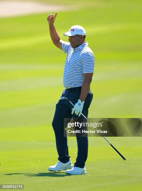Jhonattan Vegas of Venezuela reacts to a shot on the 12th green during the first round of the Mexico Open at Vidanta at Vidanta Vallarta on February...