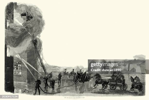 putting out fire, burning building, land and floating steam fire engines at work, london metropolitan fire brigade, victorian 1880s 19th century - fire station stock illustrations