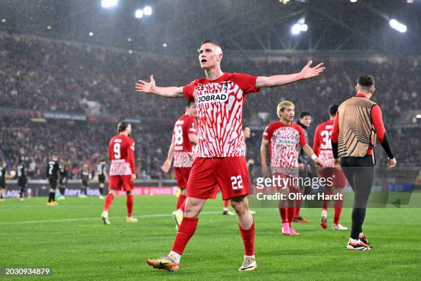 Roland Sallai of Sport-Club Freiburg celebrates scoring his team's second goal during the UEFA Europa League 2023/24 playoff second leg match between...