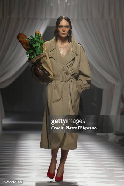 Model walks the runway at the Moschino fashion show during the Milan Fashion Week Womenswear Fall/Winter 2024-2025 on February 22, 2024 in Milan,...