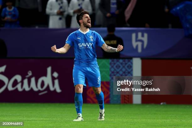 Ruben Neves of Al Hilal celebrates scoring his team's second goal during the AFC Champions League match between Al Hilal and FC Sepahan at Kingdom...