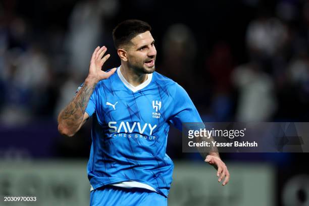 Aleksandar Mitrovic of Al Hilal celebrates scoring his team's third goal during the AFC Champions League match between Al Hilal and FC Sepahan at...