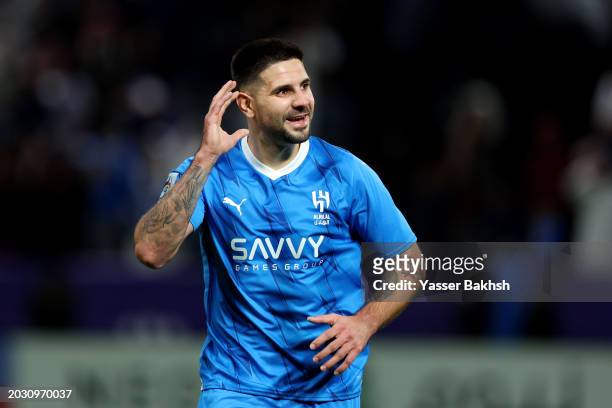 Aleksandar Mitrovic of Al Hilal celebrates scoring his team's third goal during the AFC Champions League match between Al Hilal and FC Sepahan at...