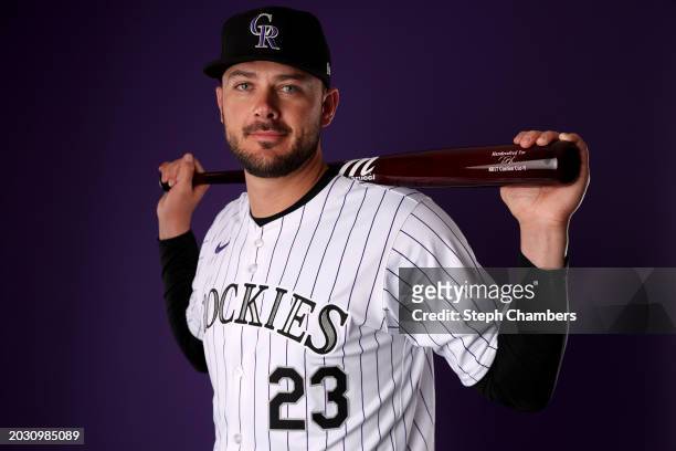 Kris Bryant of the Colorado Rockies poses for a portrait during photo day at Salt River Fields at Talking Stick on February 22, 2024 in Scottsdale,...