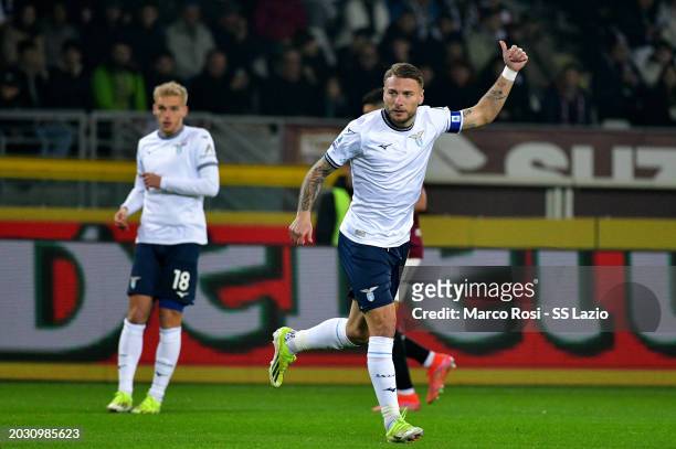 Ciro Immobile of SS Lazio reacts during the Serie A TIM match between Torino FC and SS Lazio at Stadio Olimpico di Torino on February 22, 2024 in...