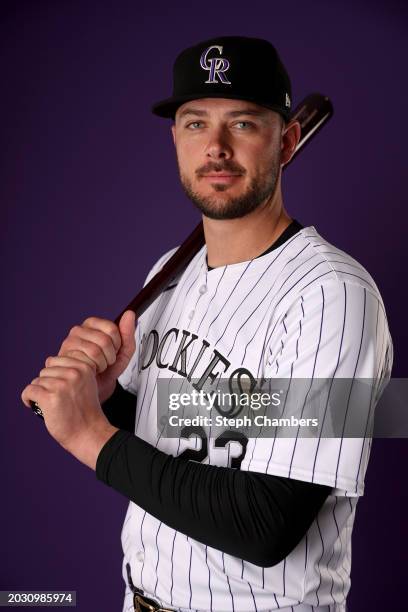 Kris Bryant of the Colorado Rockies poses for a portrait during photo day at Salt River Fields at Talking Stick on February 22, 2024 in Scottsdale,...