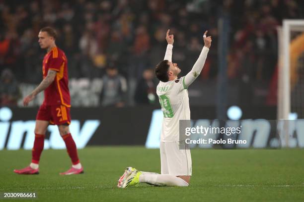 Santiago Gimenez of Feyenoord celebrates scoring his team's first goal during the UEFA Europa League 2023/24 knockout round play-offs second leg...