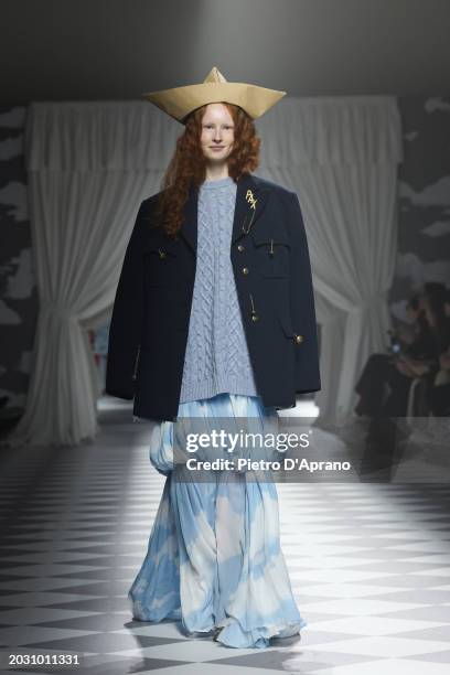 Model walks the runway at the Moschino fashion show during the Milan Fashion Week Womenswear Fall/Winter 2024-2025 on February 22, 2024 in Milan,...