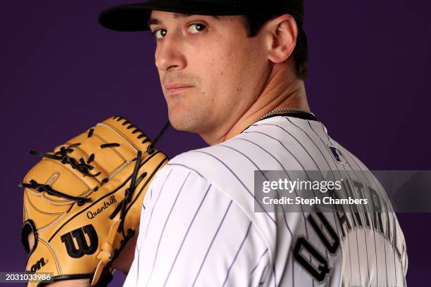 Cal Quantrill of the Colorado Rockies poses for a portrait during photo day at Salt River Fields at Talking Stick on February 22, 2024 in Scottsdale,...