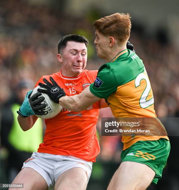 Armagh , United Kingdom - 25 February 2024; Oisín Conaty of Armagh in action against Ciarán Moore of Donegal during the Allianz Football League...