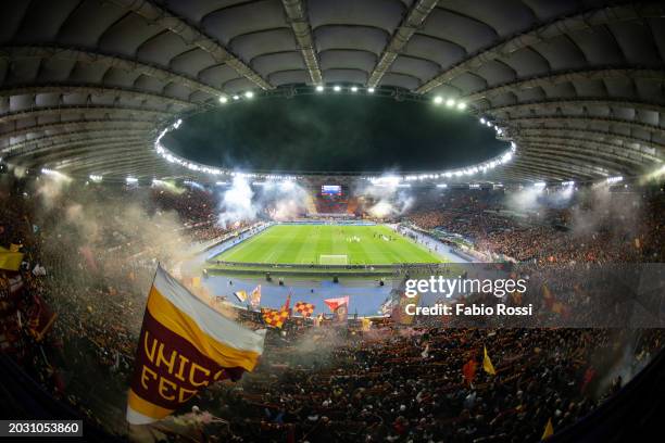 Roma fans during the UEFA Europa League 2023/24 knockout round play-offs second leg match between AS Roma and Feyenoord at Stadio Olimpico on...