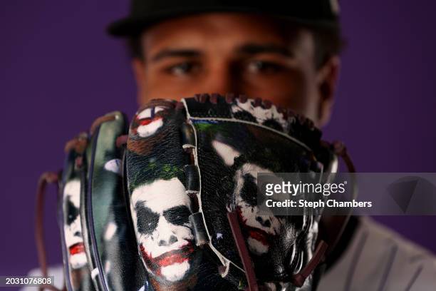 Jaden Hill of the Colorado Rockies poses for a portrait during photo day at Salt River Fields at Talking Stick on February 22, 2024 in Scottsdale,...
