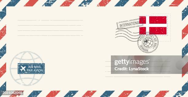 blank air mail grunge envelope with denmark postage stamp. vintage postcard vector illustration with danish national flag isolated on white background. retro style. - denmark stock illustrations