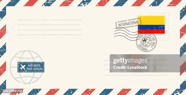 blank air mail grunge envelope with colombia postage stamp. vintage postcard vector illustration with colombian national flag isolated on white background. retro style. - columbia stock illustrations