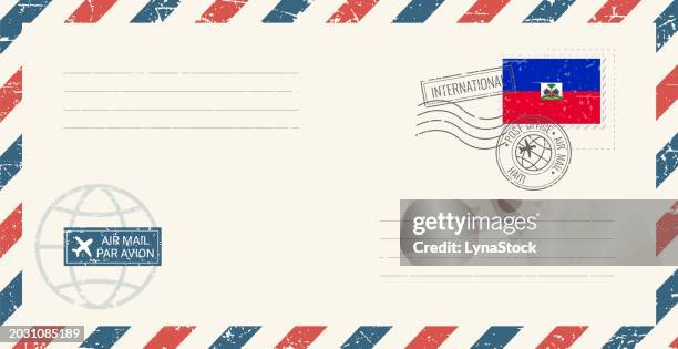 blank air mail grunge envelope with haiti postage stamp. vintage postcard vector illustration with haitian national flag isolated on white background. retro style. - hispaniola stock illustrations