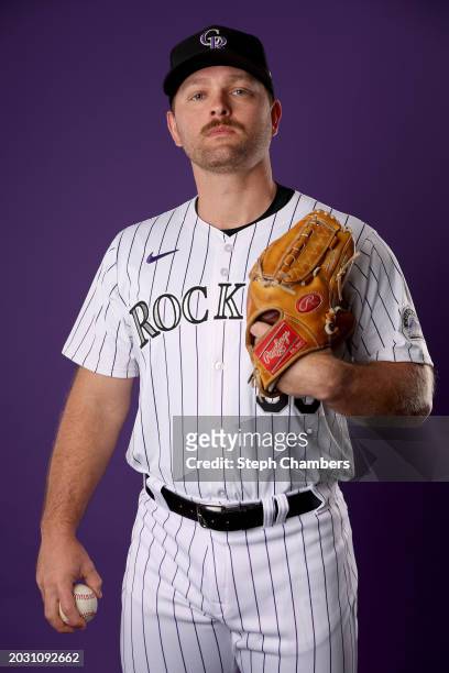 Chance Adams of the Colorado Rockies poses for a portrait during photo day at Salt River Fields at Talking Stick on February 22, 2024 in Scottsdale,...