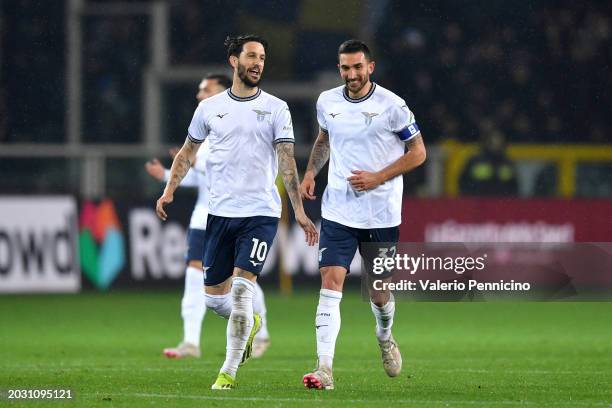 Danilo Cataldi of SS Lazio celebrates scoring his team's second goal with teammate Luis Alberto during the Serie A TIM match between Torino FC and SS...