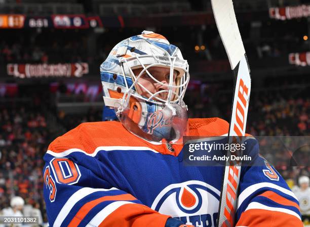 Calvin Pickard of the Edmonton Oilers warms up before the game against the Boston Bruins at Rogers Place on February 21 in Edmonton, Alberta, Canada.