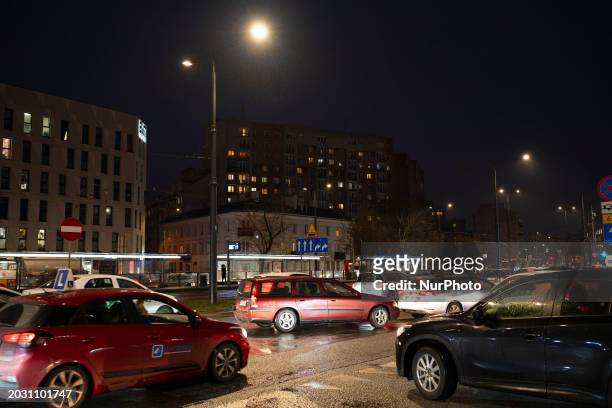 Cars are seen stuck in traffic in Warsaw, Poland on 21 February, 2024.