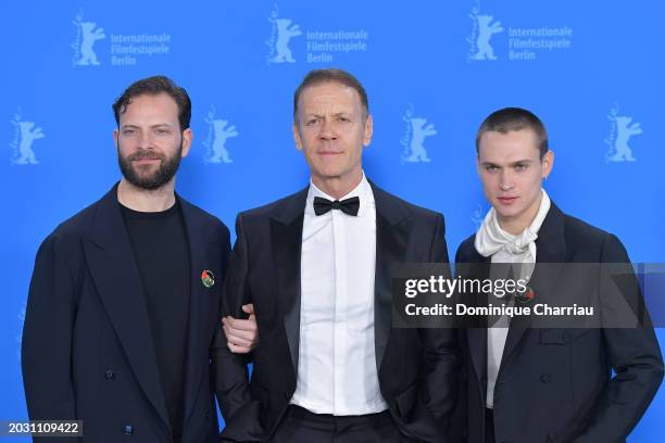 Alessandro Borghi, Rocco Siffredi and Saul Nanni pose at the "Supersex" photocall during the 74th Berlinale International Film Festival Berlin at...