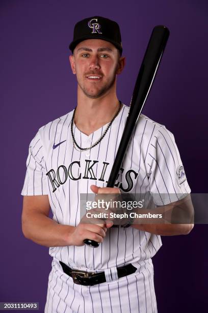 Nolan Jones of the Colorado Rockies poses for a portrait during photo day at Salt River Fields at Talking Stick on February 22, 2024 in Scottsdale,...