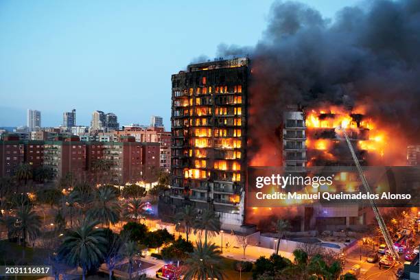 General view of the burning buildings on February 22, 2024 in Valencia, Spain. A large fire has swept through two buildings in the Campanar...