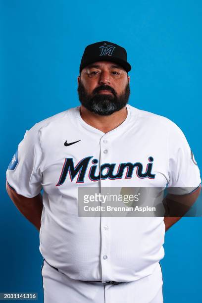 Rod Barajas coach of the Miami Marlins poses during Photo Day at Roger Dean Stadium on February 22, 2024 in Jupiter, Florida.