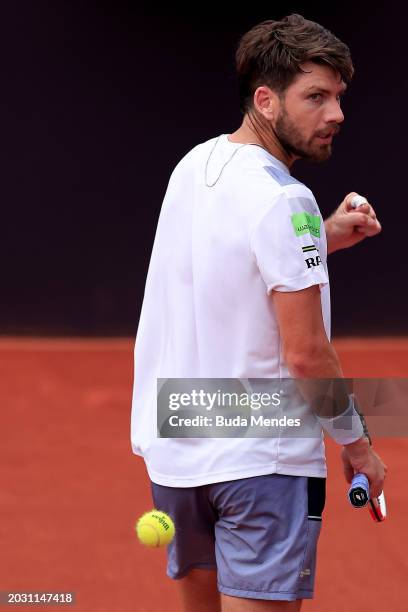 Cameron Norrie of Great Britain celebrates a point against Tomás Barrios of Chile during day four of ATP 500 Rio Open presented by Claro at Jockey...