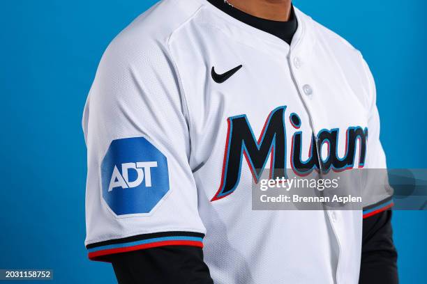 Patch on the Miami Marlins uniform during Photo Day at Roger Dean Stadium on February 22, 2024 in Jupiter, Florida.