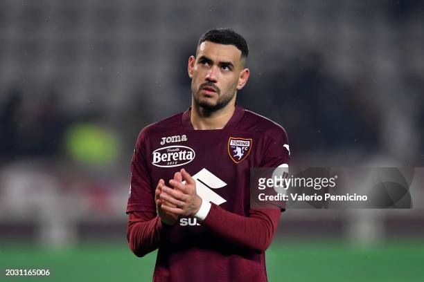 Antonio Sanabria of Torino FC applauds the fans after the team's defeat in the Serie A TIM match between Torino FC and SS Lazio at Stadio Olimpico di...
